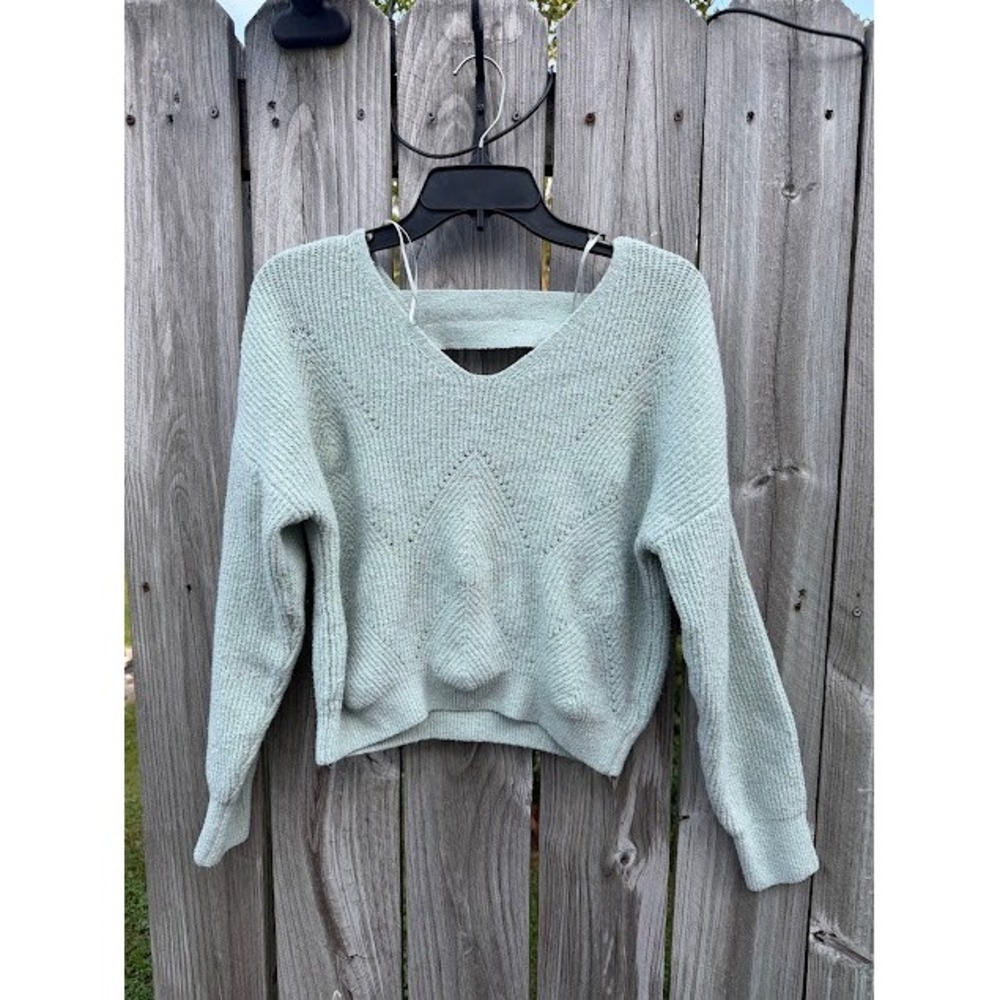 Boho Fairycore Pink Rose Cutout Back Sweater Large Mint Green V-Neck Pointelle